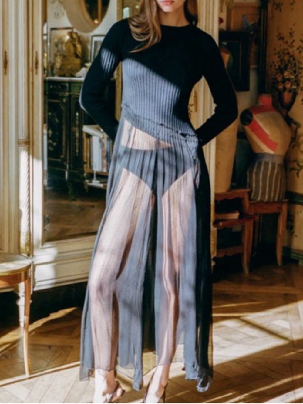 With Jean Julia Black Rib Knit Sweater Dress Asymmetrical Sheer Chiffon Skirt XS